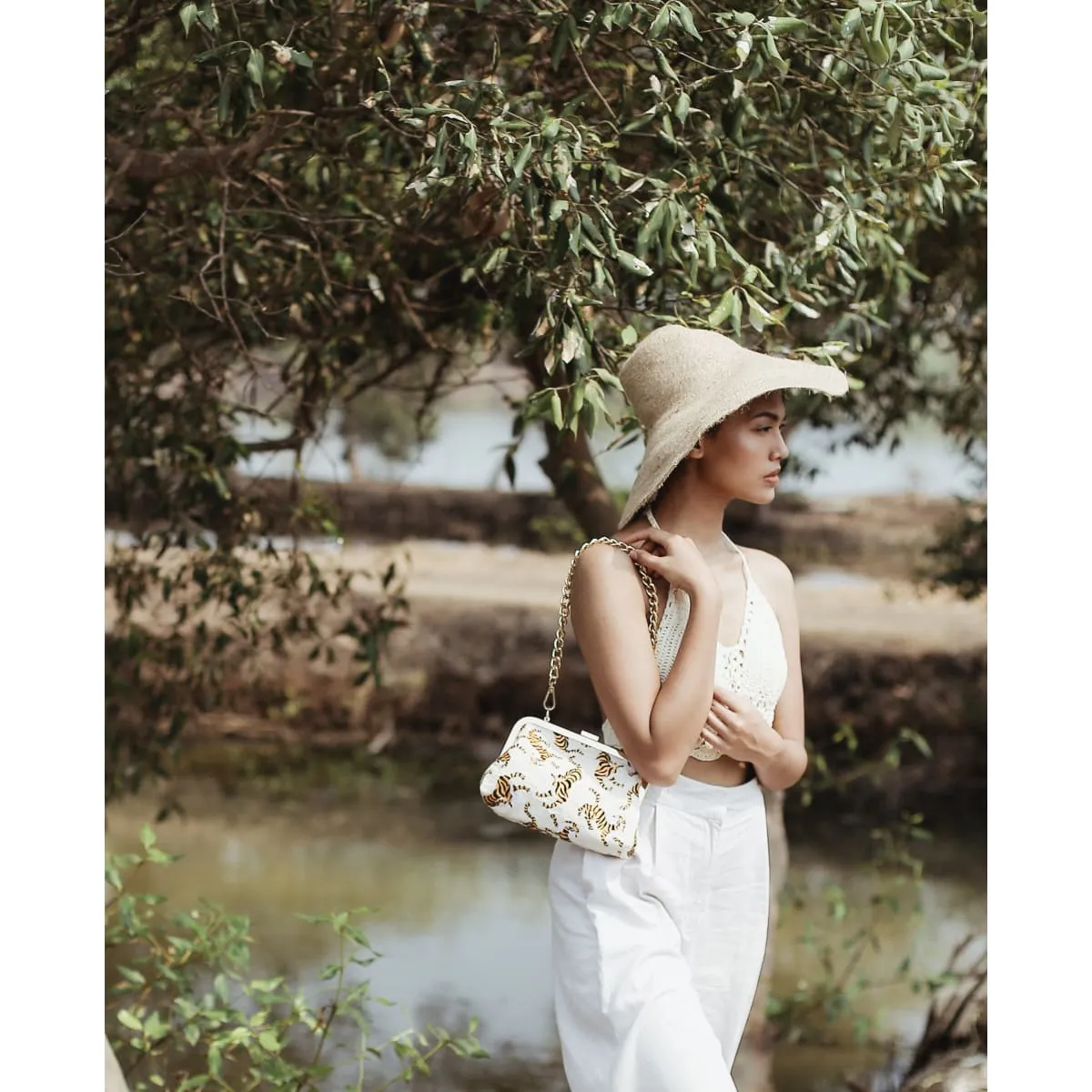 Sumatran Tiger Cotton Clutch-Ivory White