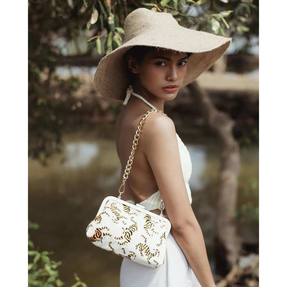 Sumatran Tiger Cotton Clutch-Ivory White