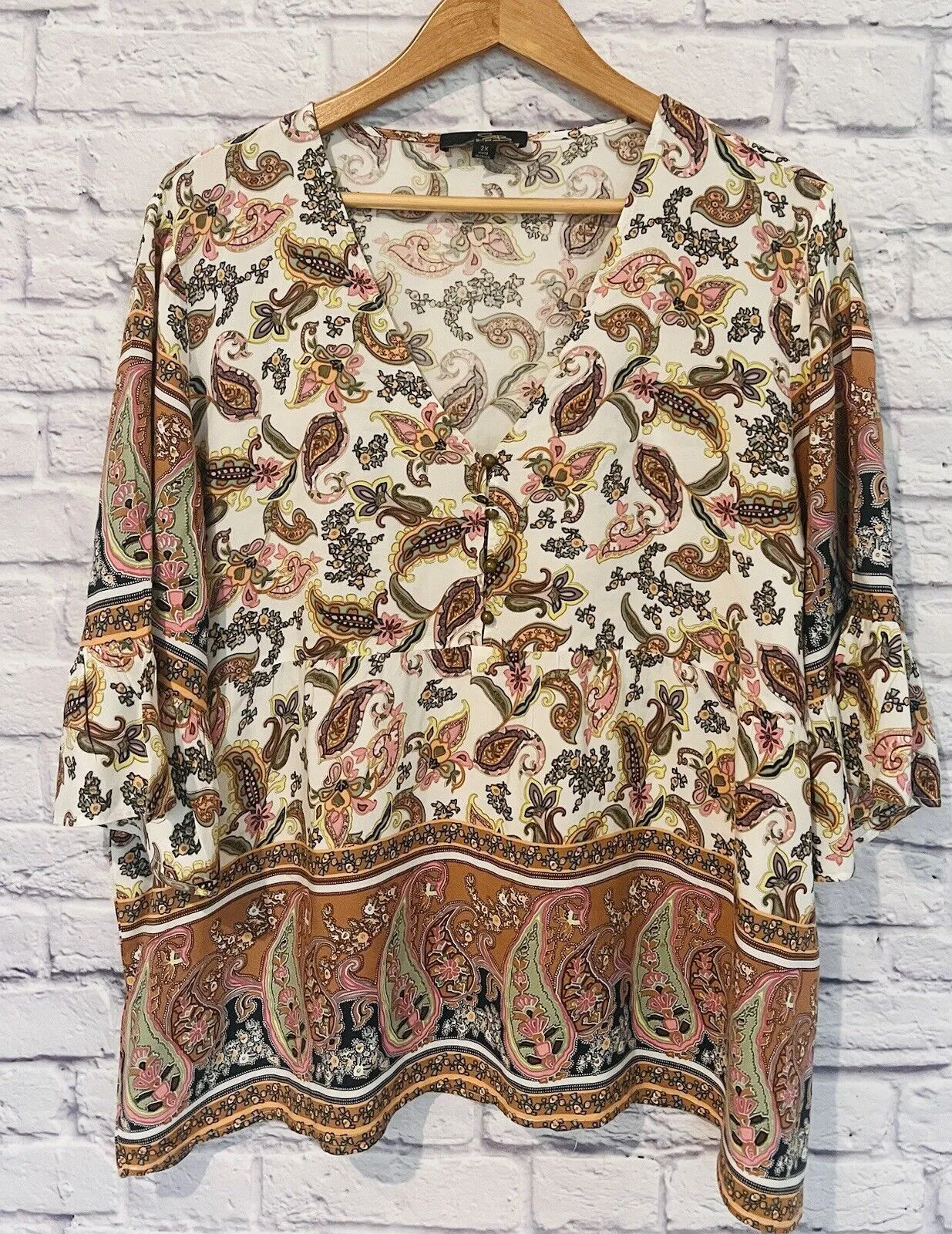 SUZANNE BETRO Floral Tunic Blouse Sz 2X V-Neck Paisley Long Sleeve Top Boho