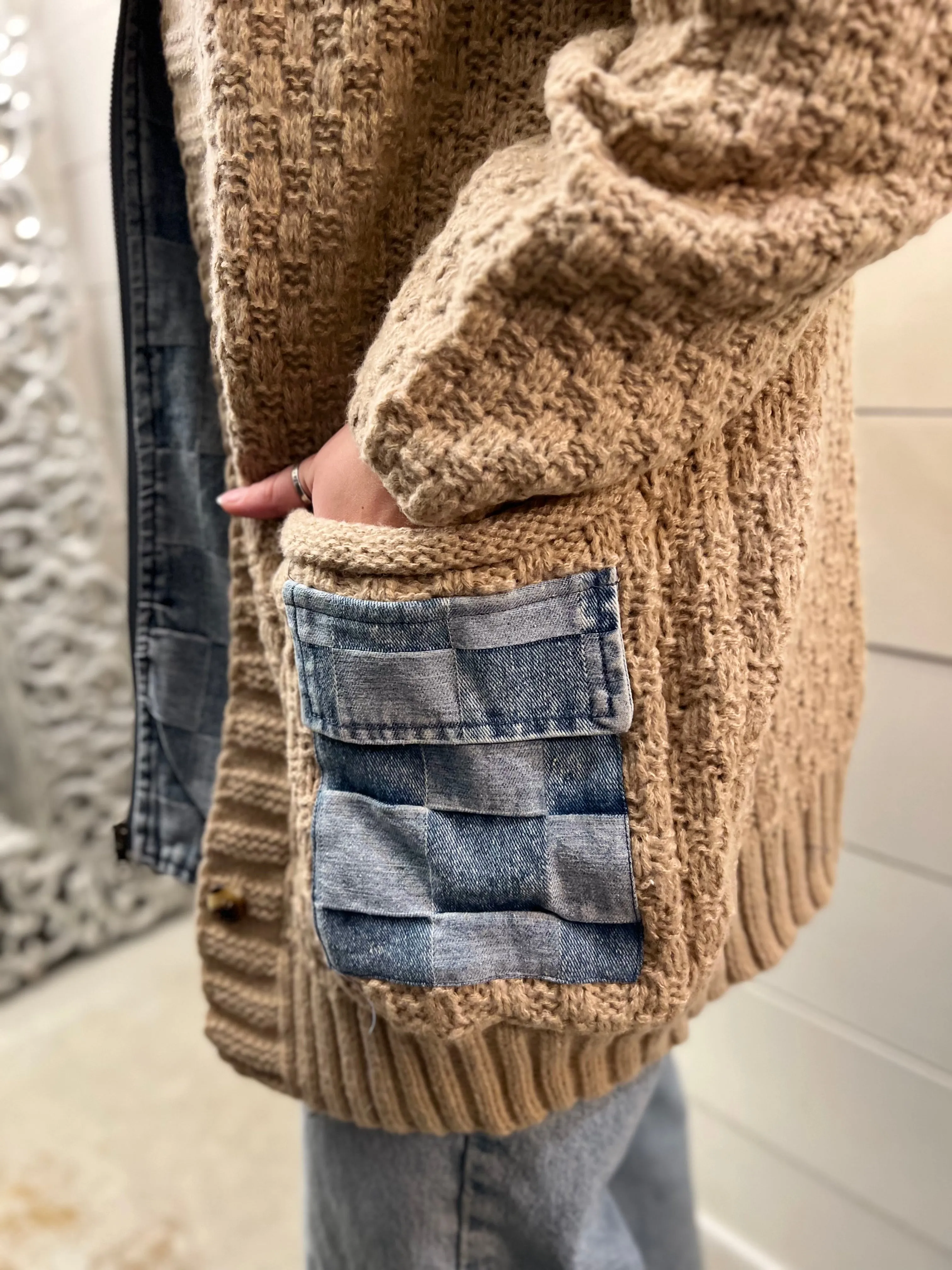 Sweater Weather Check Coatigan Hoodie- Latte/Denim