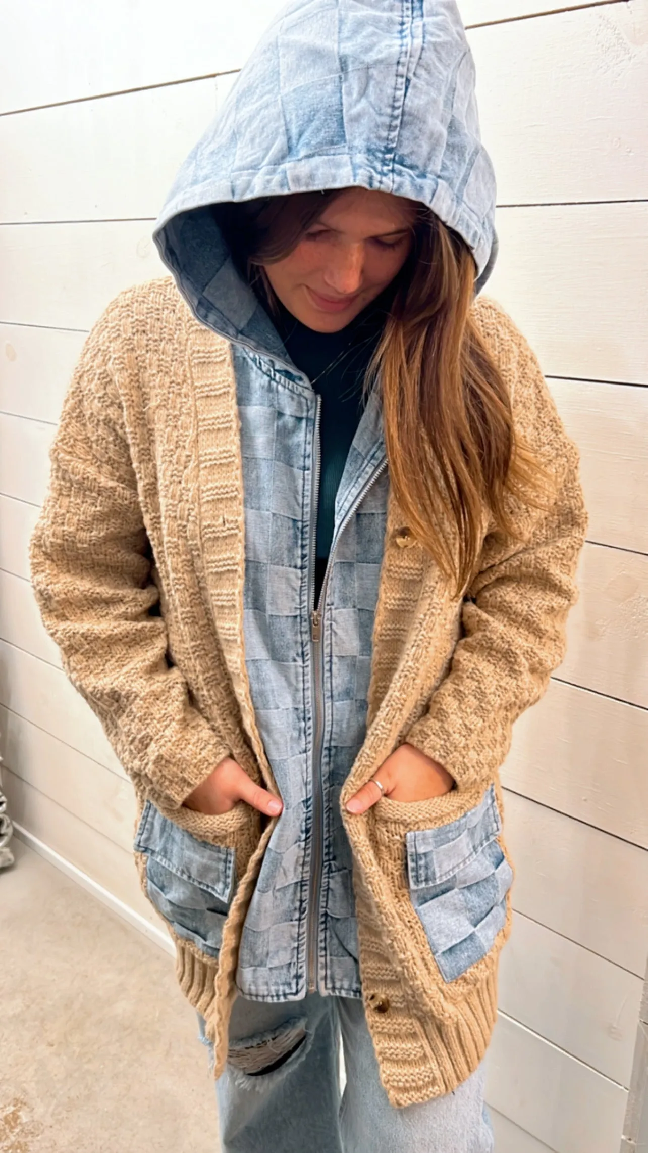 Sweater Weather Check Coatigan Hoodie- Latte/Denim