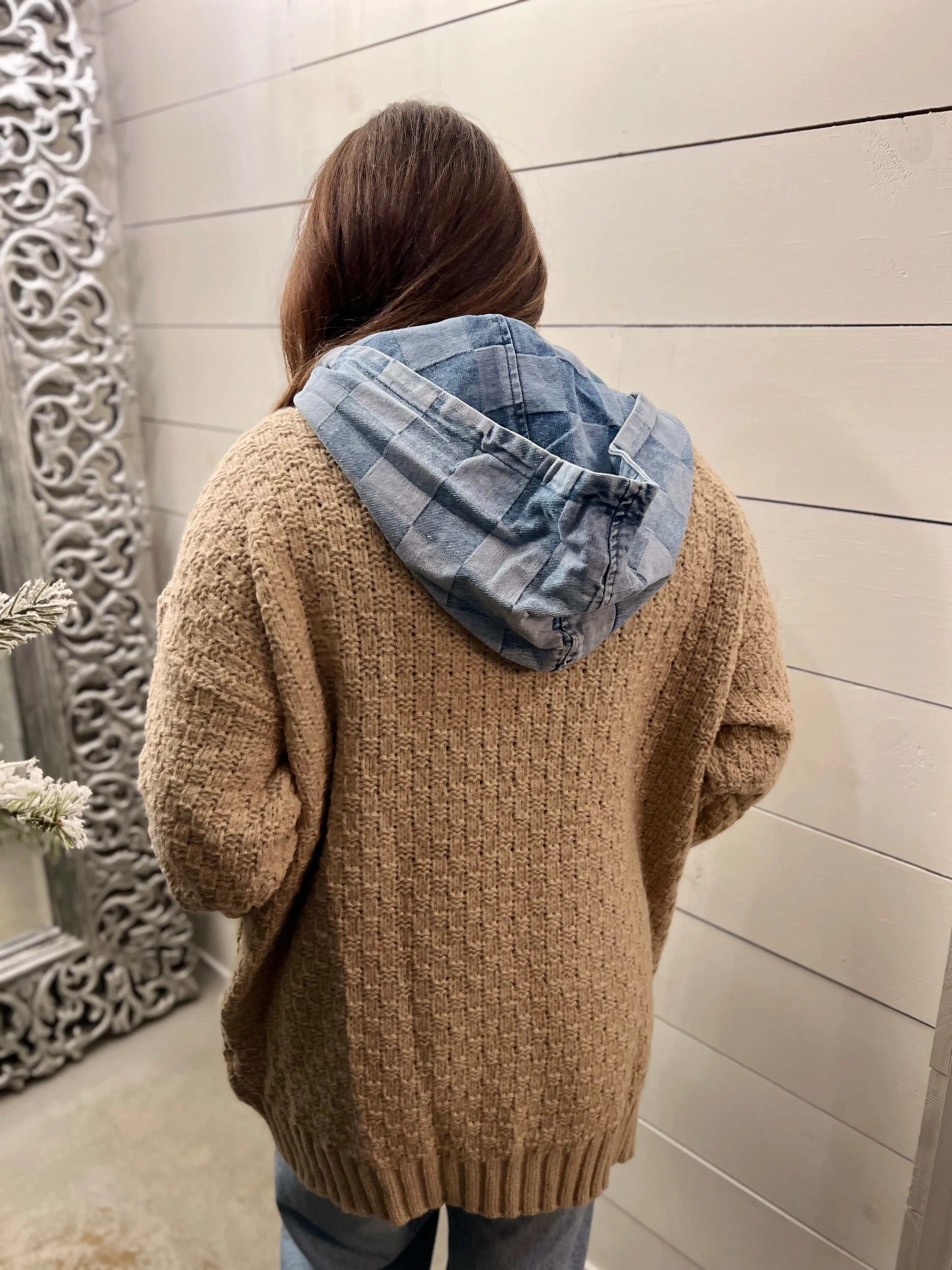 Sweater Weather Check Coatigan Hoodie- Latte/Denim
