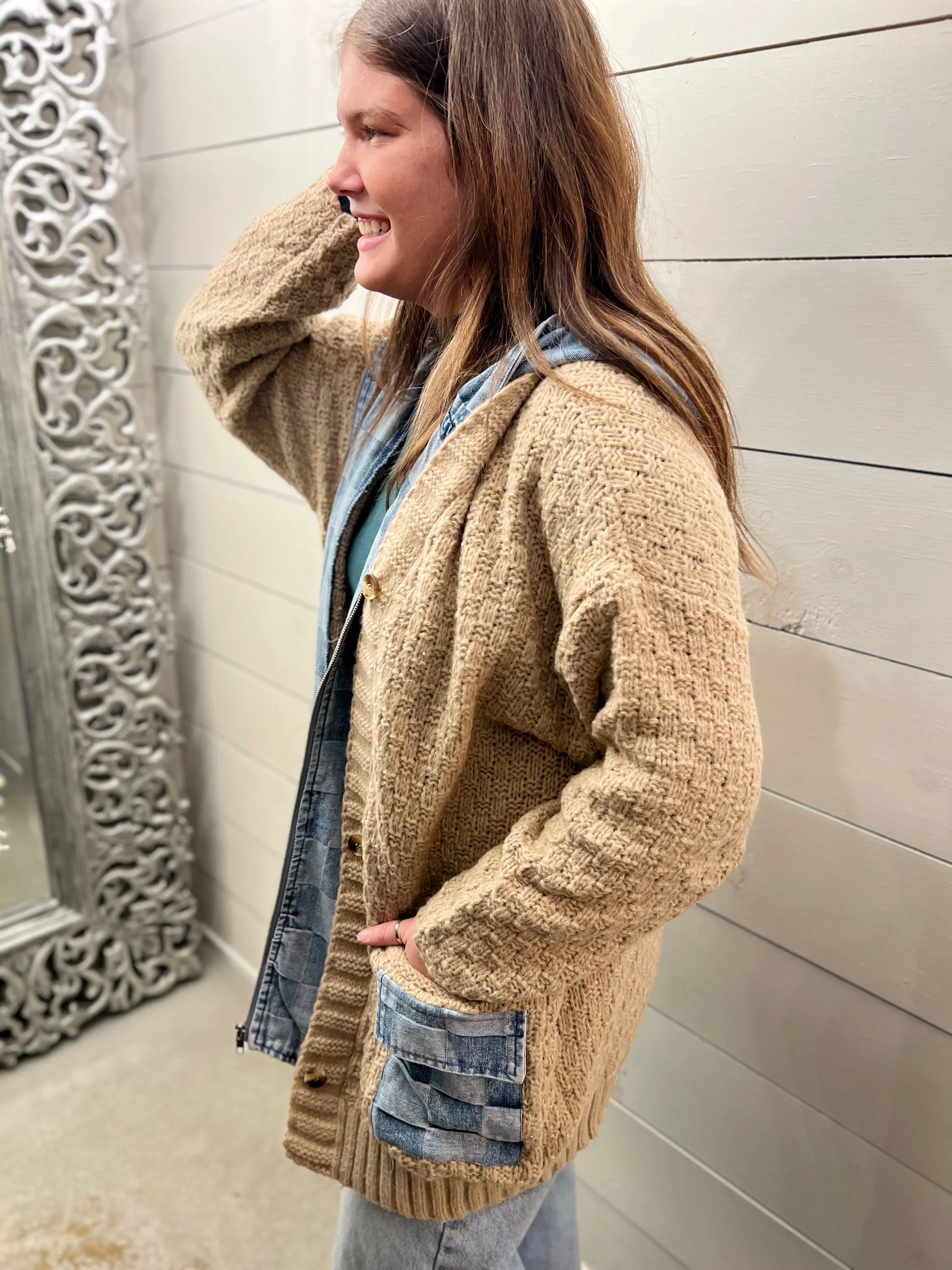 Sweater Weather Check Coatigan Hoodie- Latte/Denim