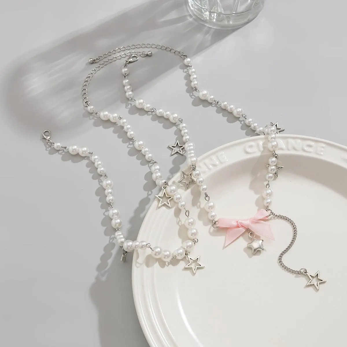 Sweet Layered Bowknot Star Tassel Pearl Chain Y Necklace Set