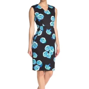 T TAHARI SLEEVELESS FLORAL PRINT V-NECK DRESS