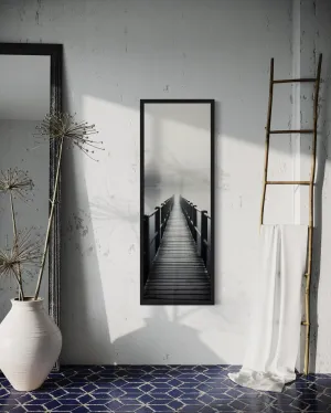 Tall Narrow Foggy Lake With Pier/Dock Black White Vertical Framed Canvas Wall Art