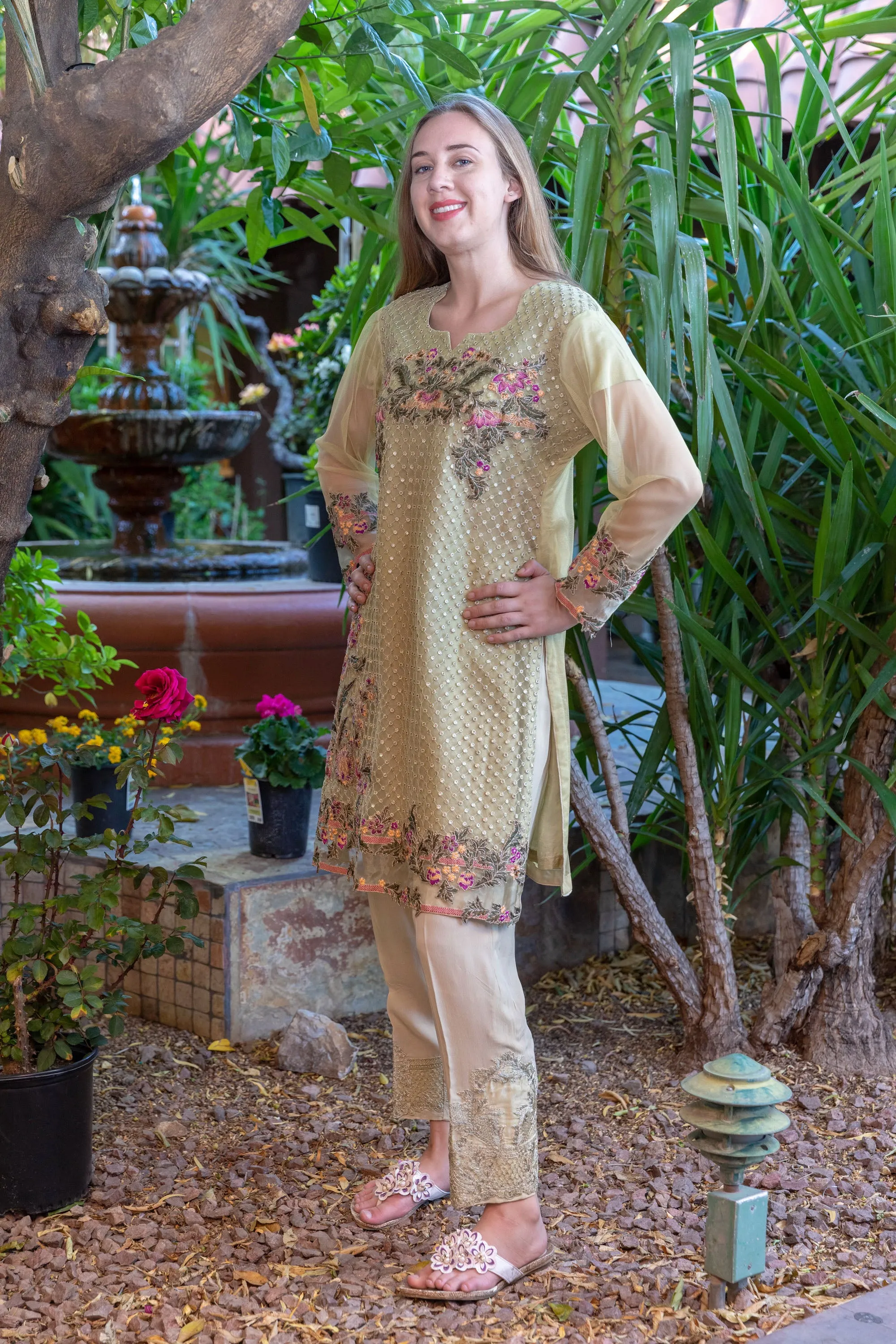 Tan Chiffon Salwar Kameez Suit with Floral Embroidery