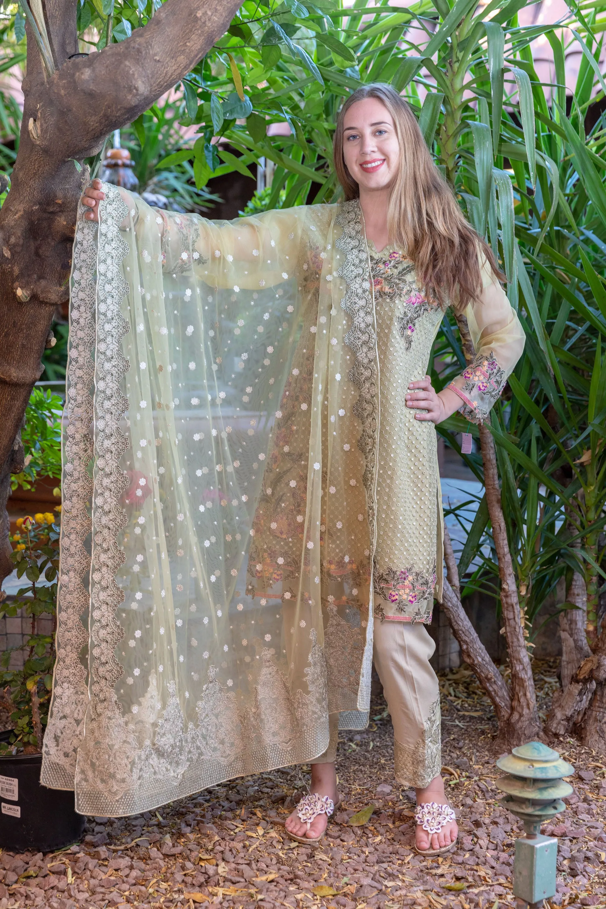Tan Chiffon Salwar Kameez Suit with Floral Embroidery