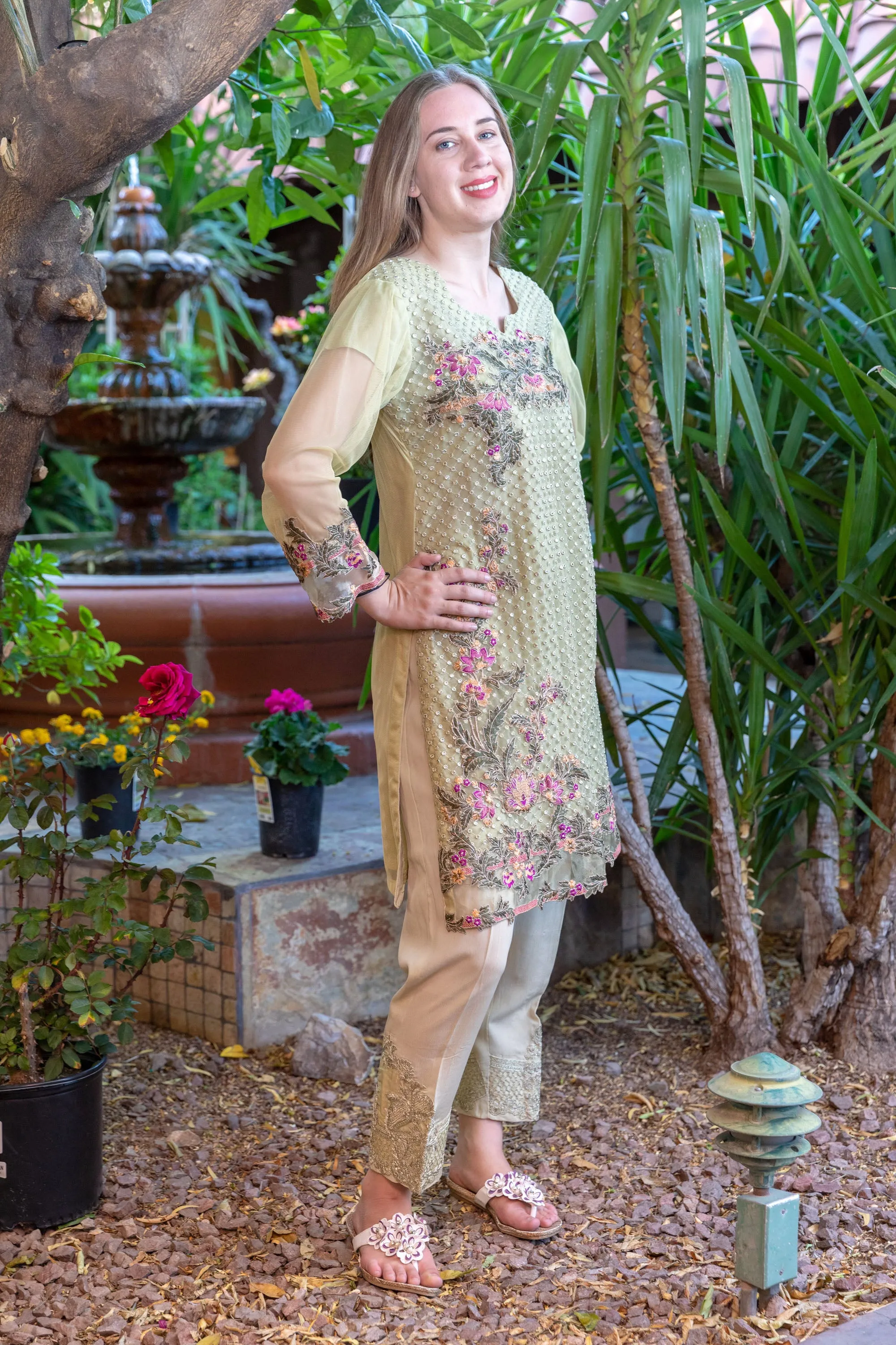 Tan Chiffon Salwar Kameez Suit with Floral Embroidery