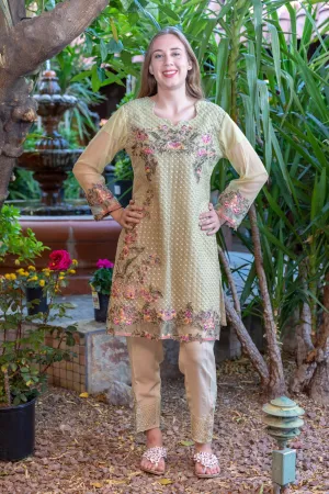 Tan Chiffon Salwar Kameez Suit with Floral Embroidery