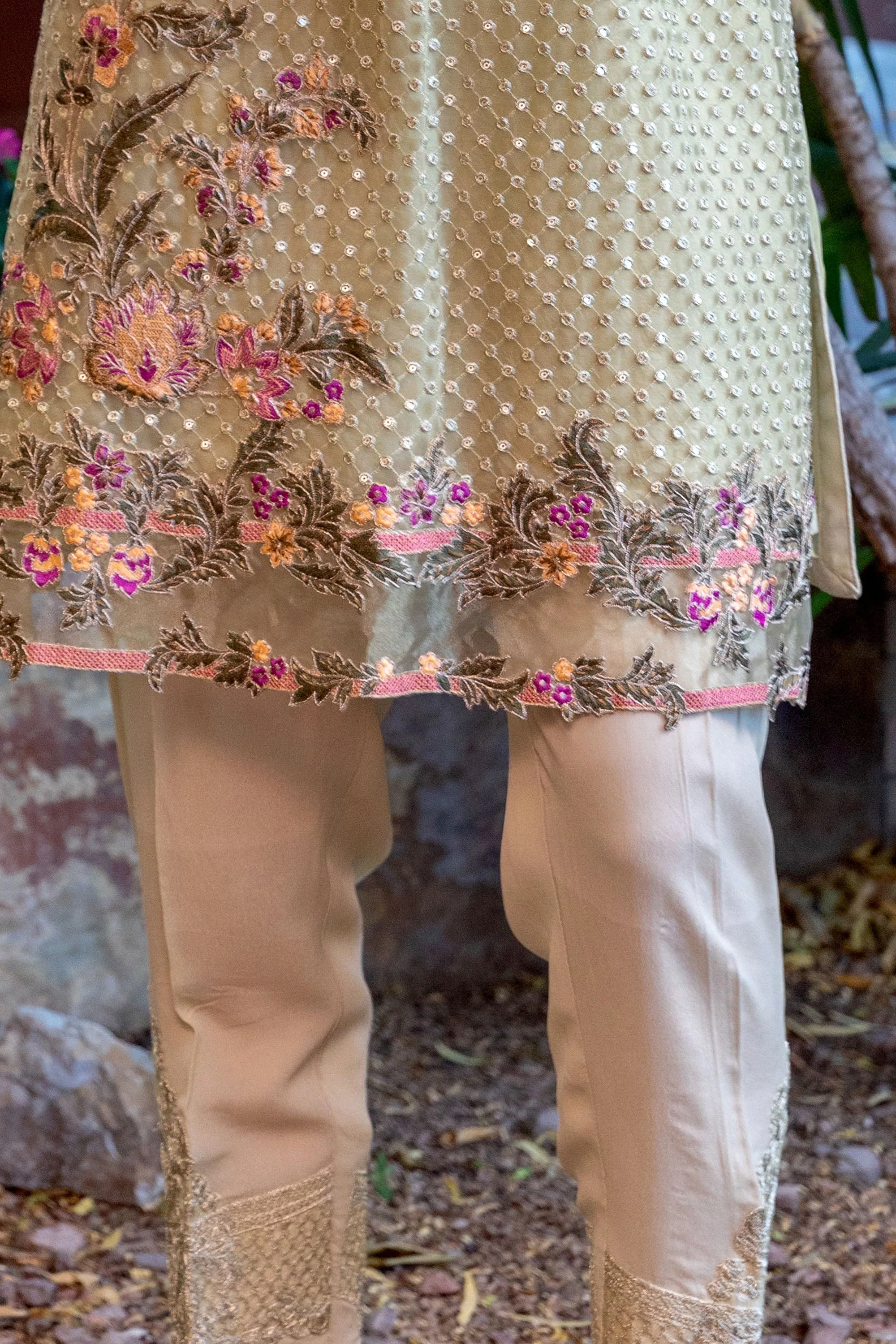 Tan Chiffon Salwar Kameez Suit with Floral Embroidery
