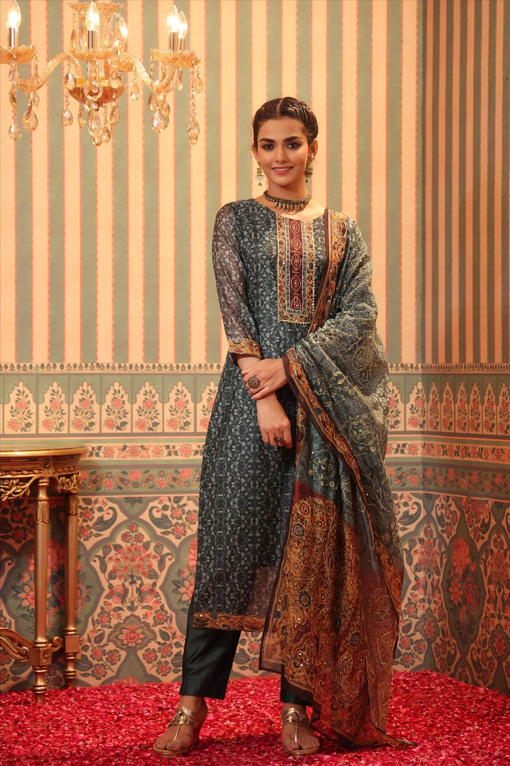 Teal Chanderi Silk Printed Kantha Work Suit Set