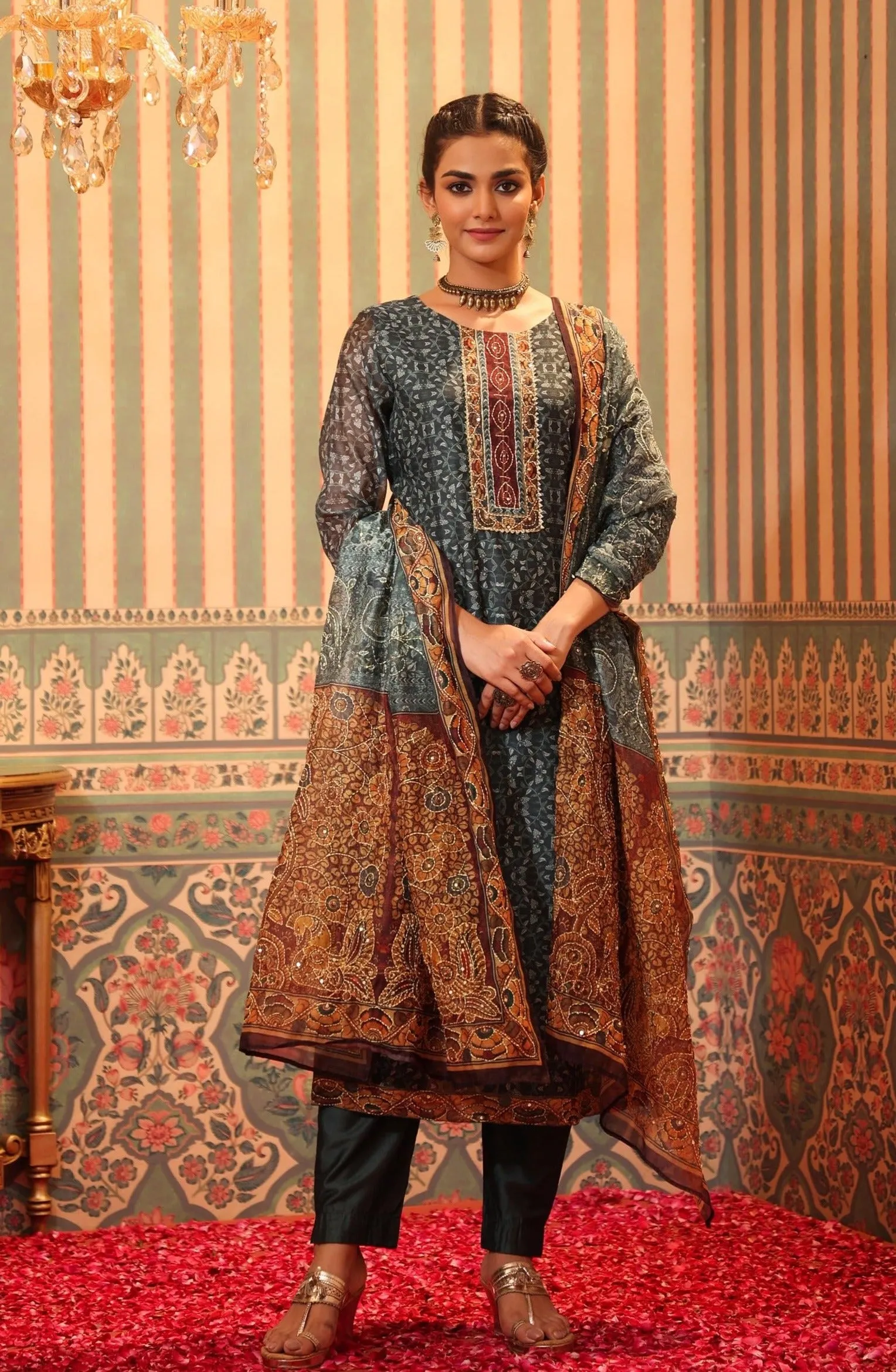 Teal Chanderi Silk Printed Kantha Work Suit Set