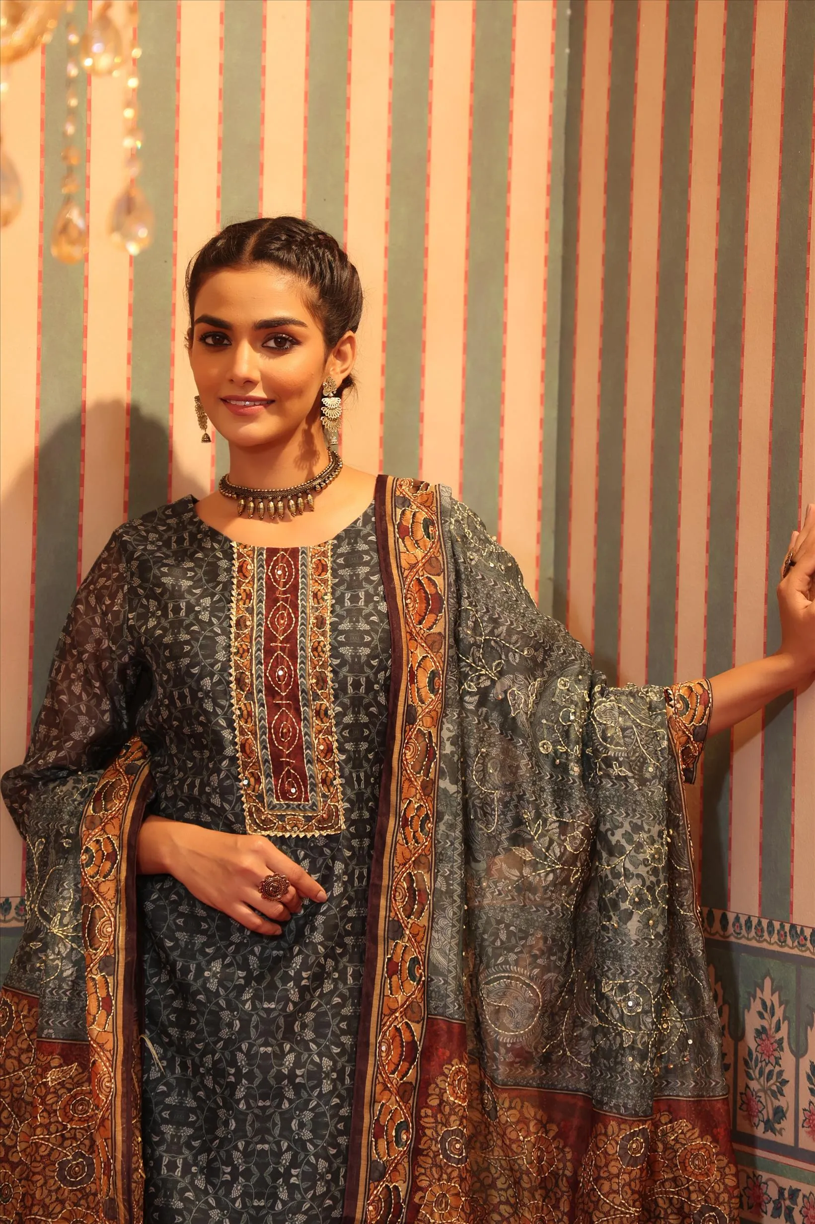 Teal Chanderi Silk Printed Kantha Work Suit Set