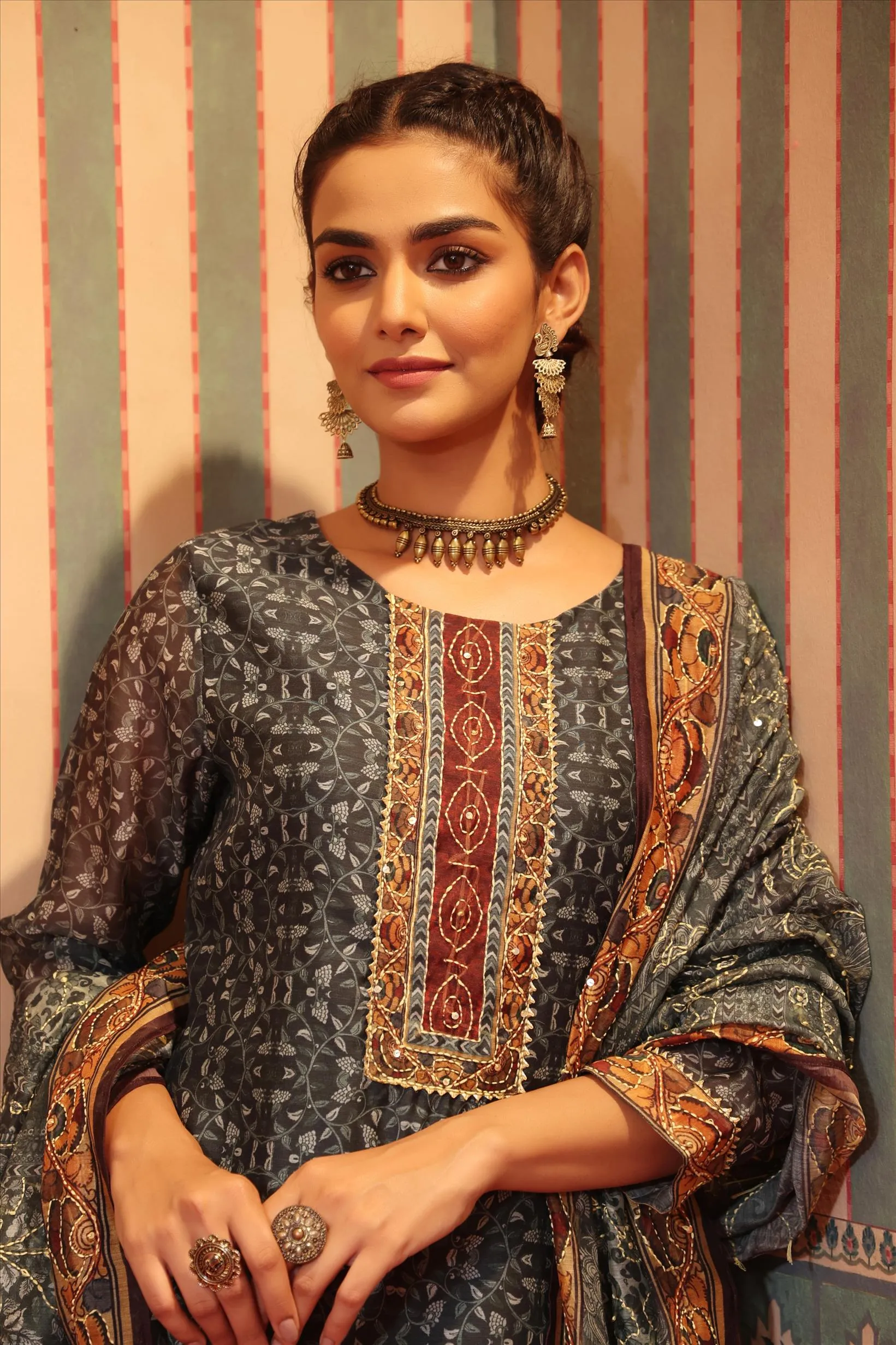 Teal Chanderi Silk Printed Kantha Work Suit Set