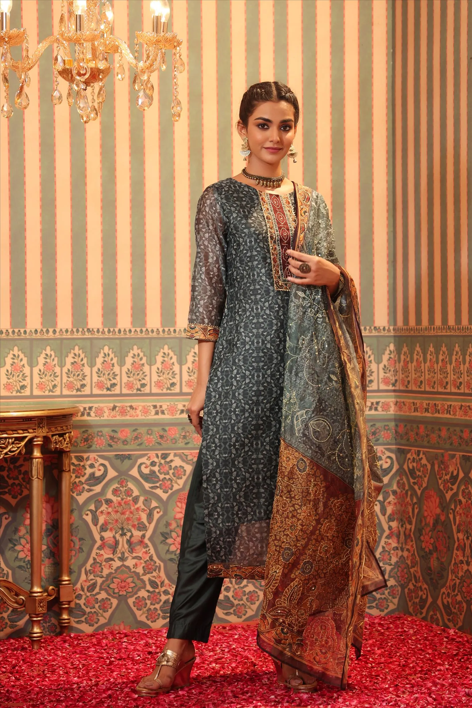 Teal Chanderi Silk Printed Kantha Work Suit Set