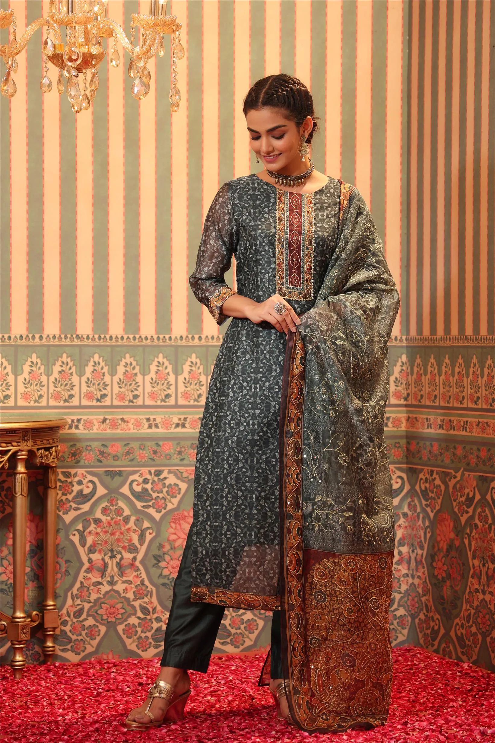 Teal Chanderi Silk Printed Kantha Work Suit Set