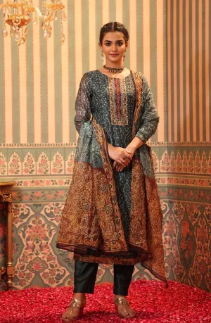 Teal Chanderi Silk Printed Kantha Work Suit Set