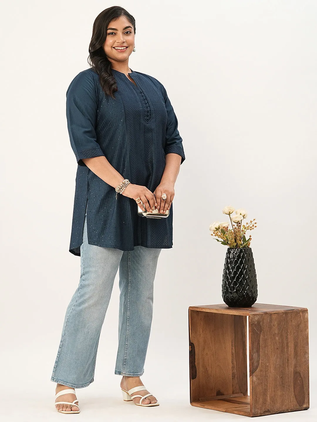 Teal Ethnic Wear Chanderi Silk Straight Tunics for Ladies - Zola