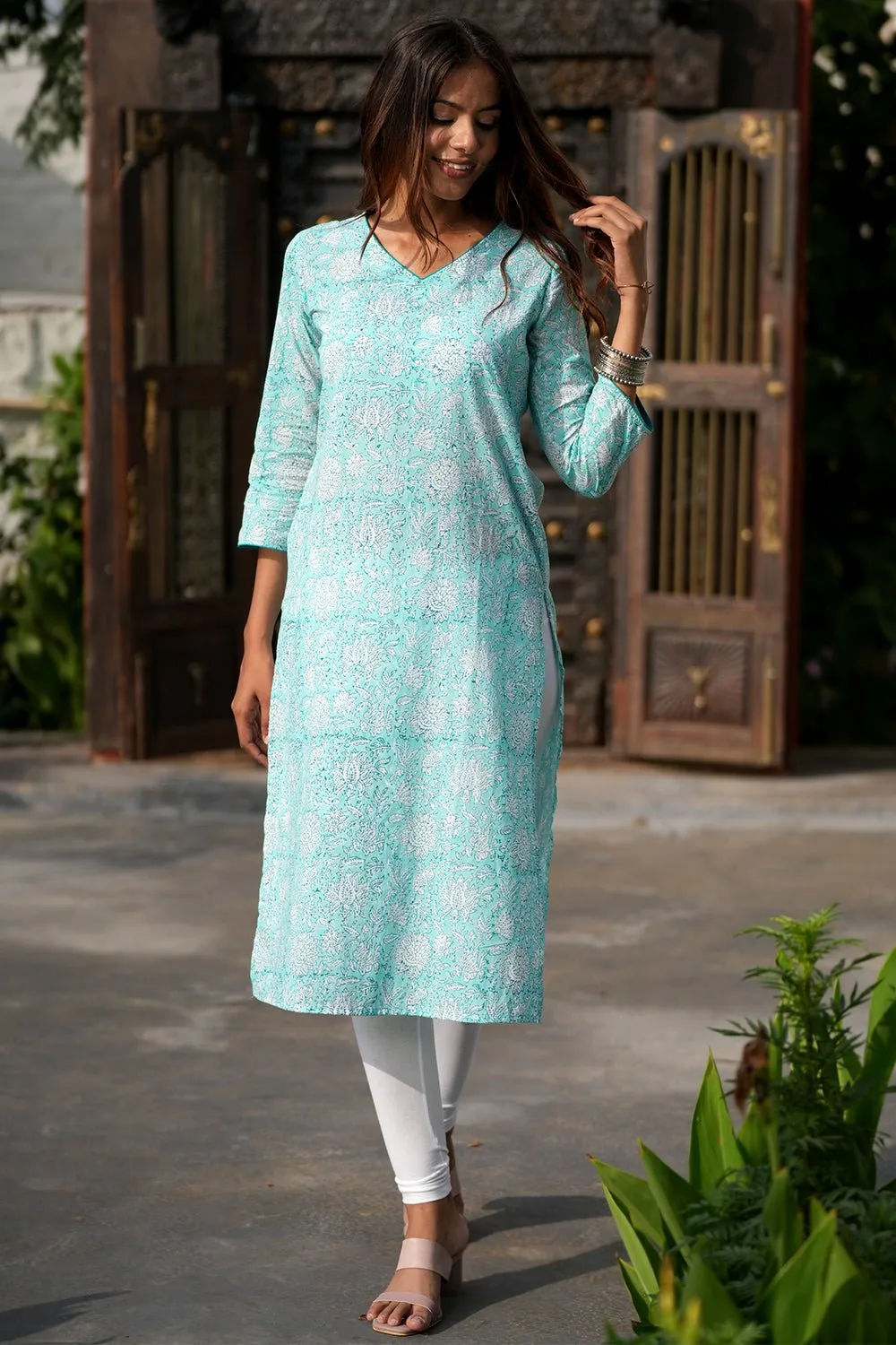 Teal Infusion Handblock Printed Cotton Kurti