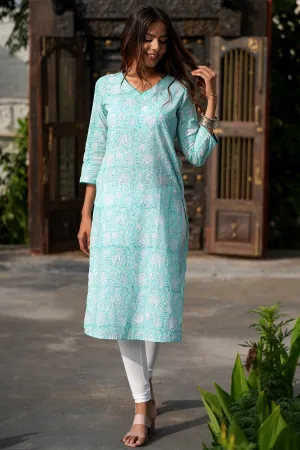Teal Infusion Handblock Printed Cotton Kurti