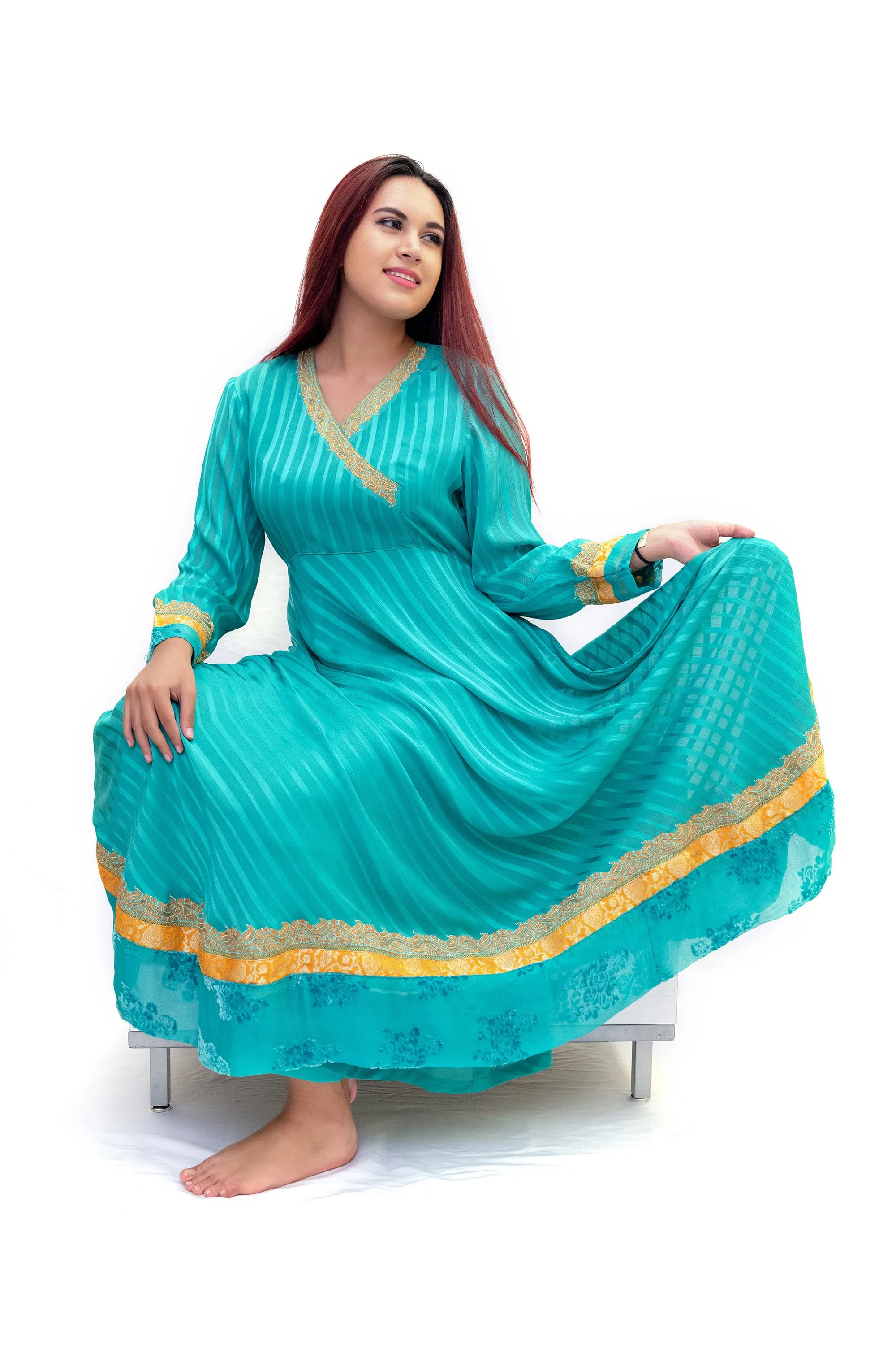 Teal Long Sleeve Dress With Gold Accents