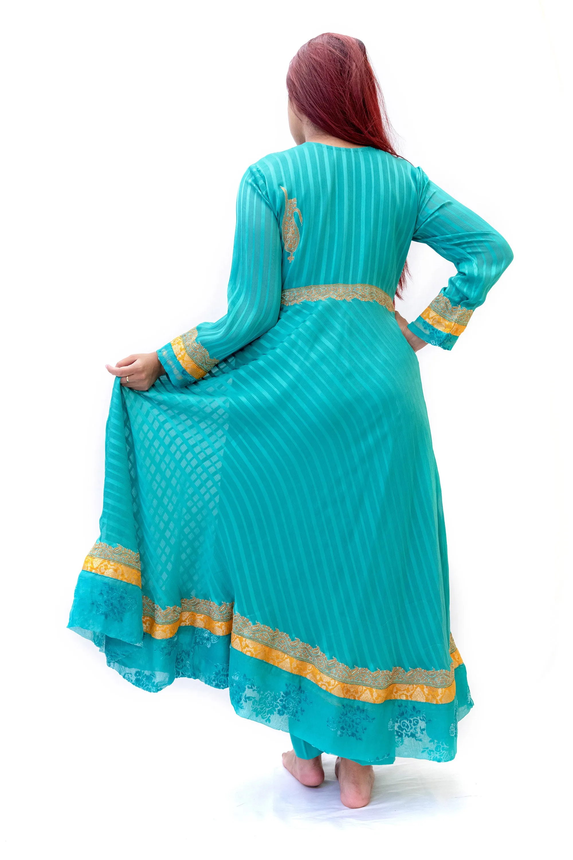 Teal Long Sleeve Dress With Gold Accents