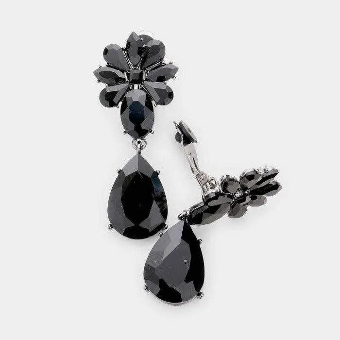 Teardrop Black Crystal Oval Floral Clip On Earrings