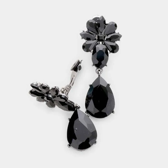 Teardrop Black Crystal Oval Floral Clip On Earrings