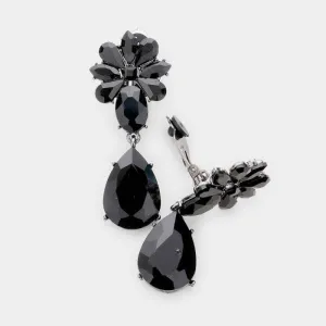 Teardrop Black Crystal Oval Floral Clip On Earrings