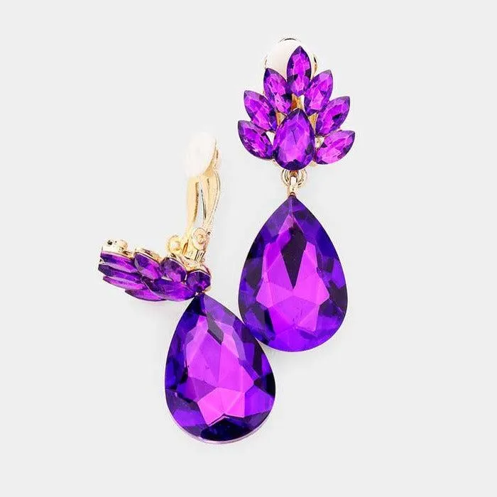 Teardrop Purple Crystal Evening Clip On Earrings