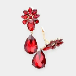 Teardrop Red Crystal Oval Floral Clip On Earrings