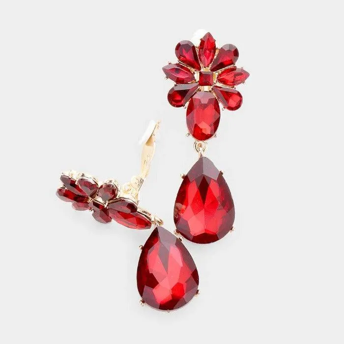 Teardrop Red Crystal Oval Floral Clip On Earrings