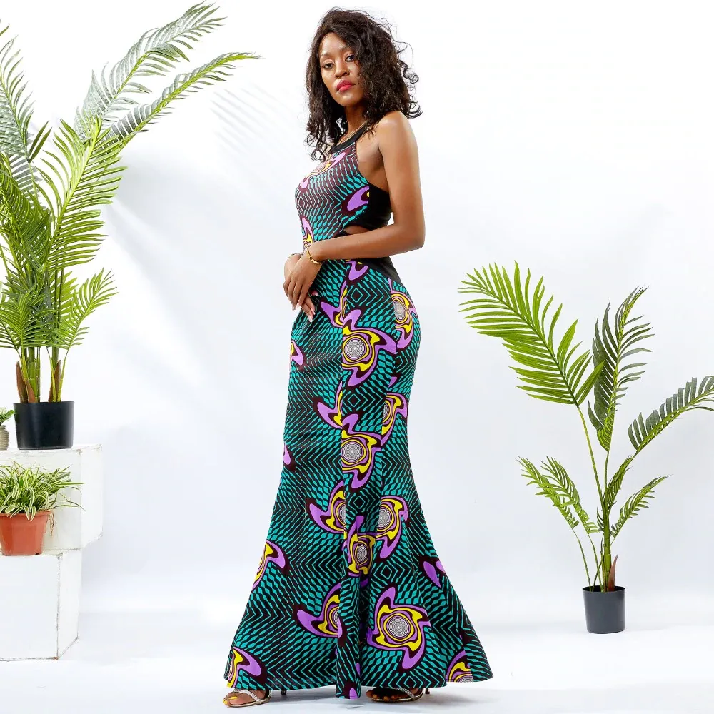 Traditional African Kitenge Wax Print Formal Backless Fish Tail Dress