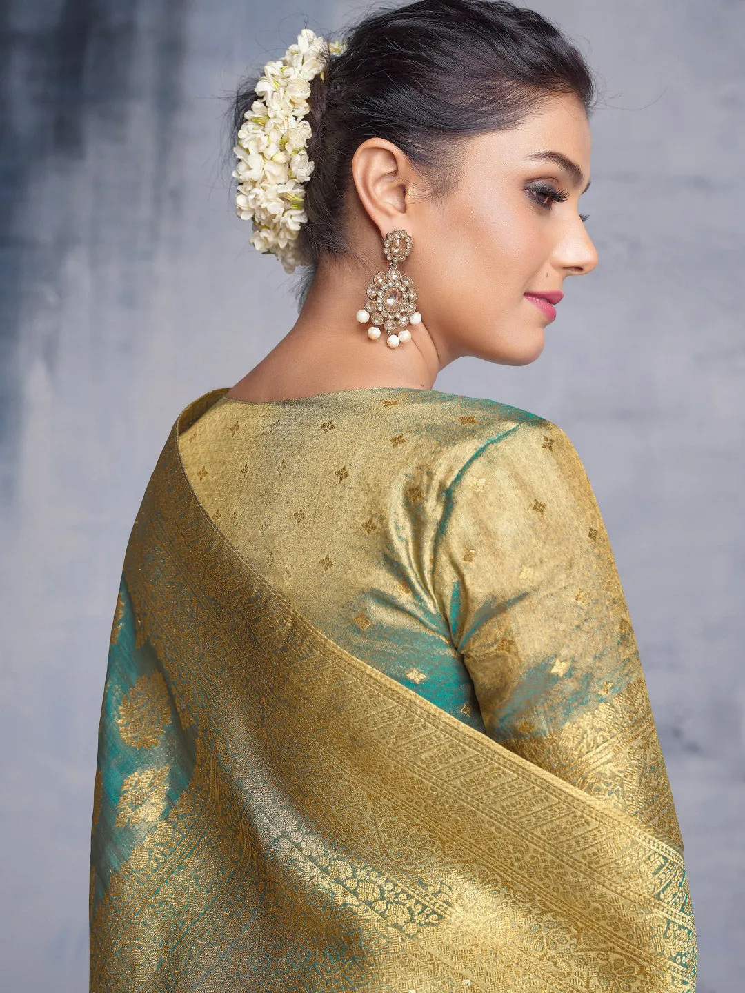 Traditional Gold and Blue Banaras Style Tissue Saree