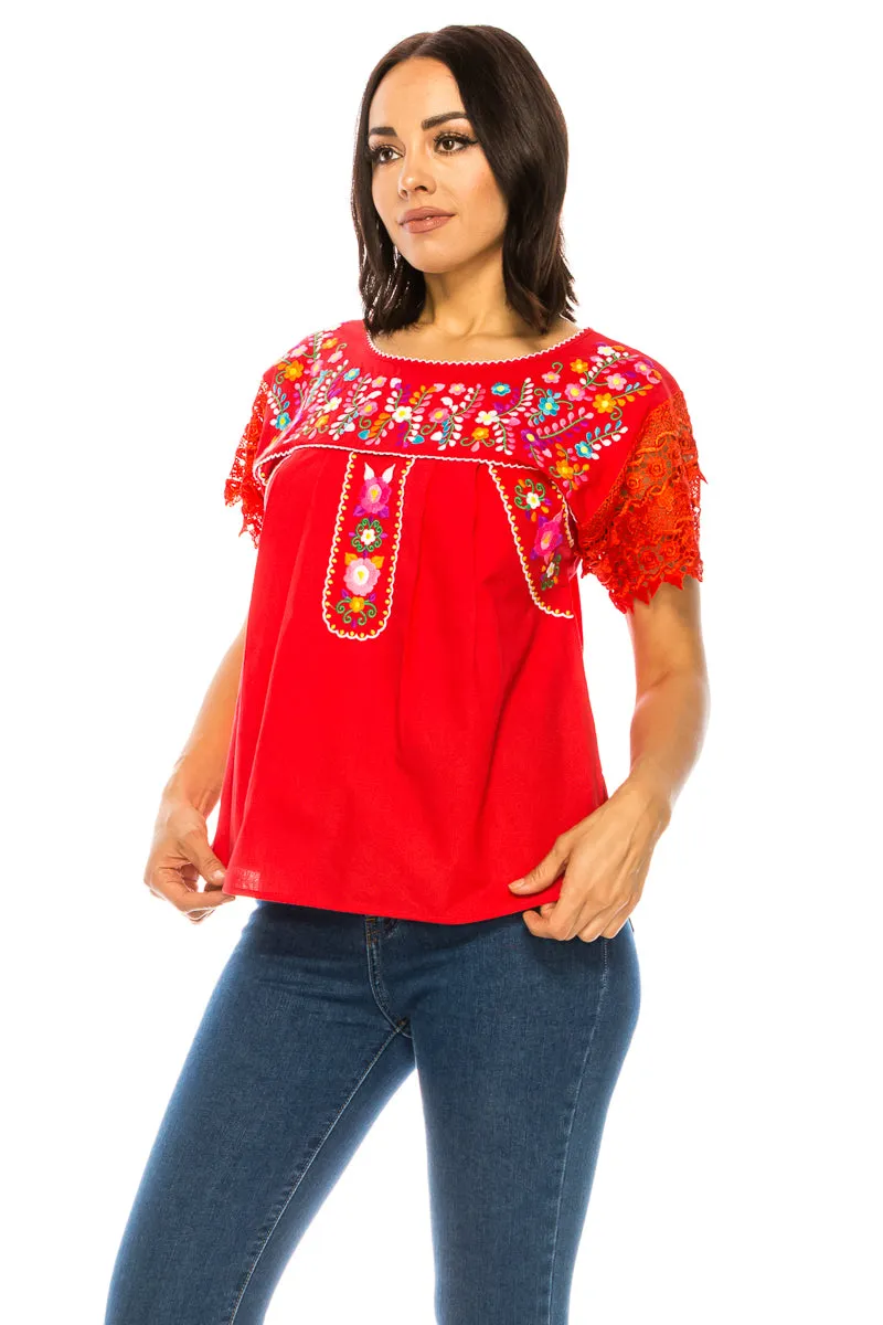 Traditional Mexican Women Blouse With Laced Sleeves  S-M-L-XL-2XL-3XL