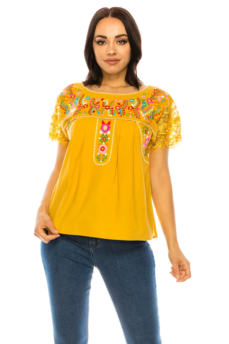Traditional Mexican Women Blouse With Laced Sleeves  S-M-L-XL-2XL-3XL