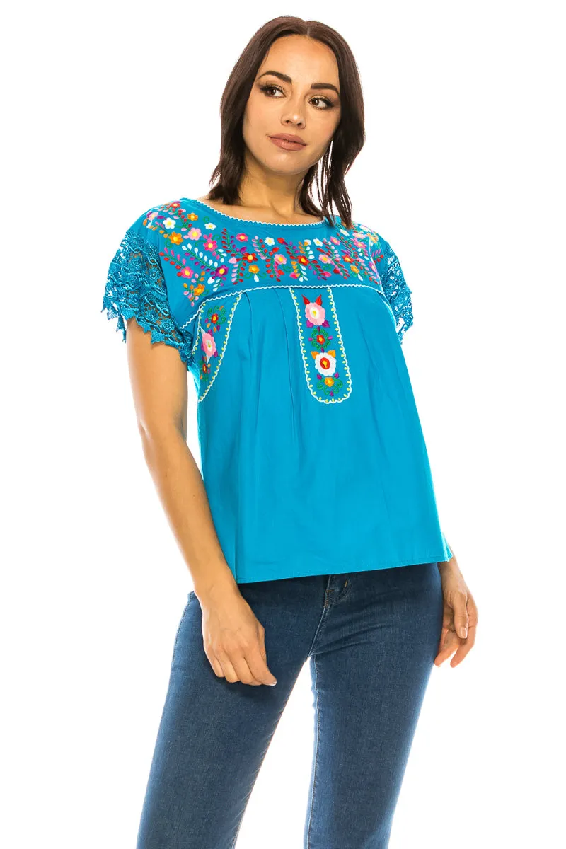 Traditional Mexican Women Blouse With Laced Sleeves  S-M-L-XL-2XL-3XL