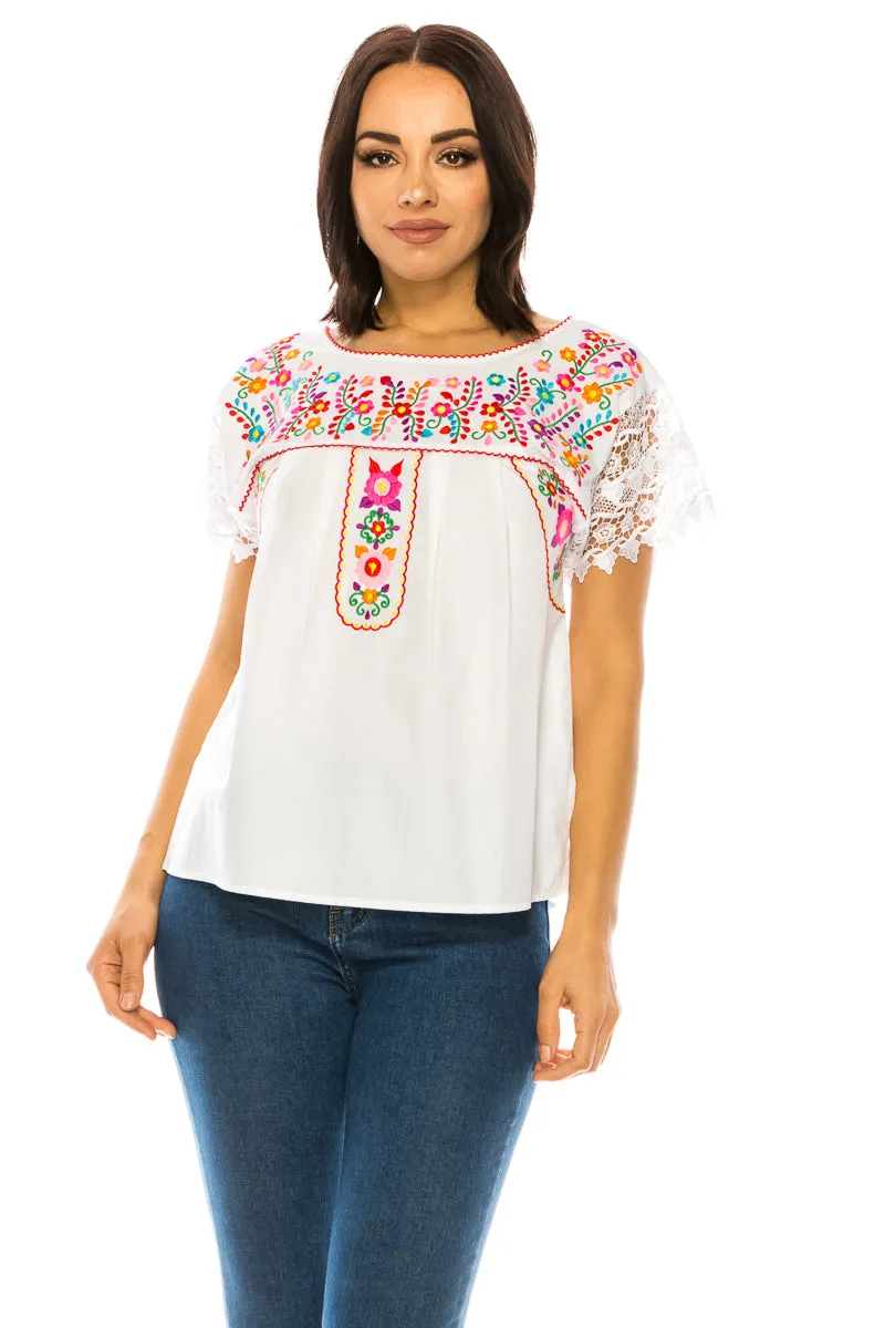 Traditional Mexican Women Blouse With Laced Sleeves  S-M-L-XL-2XL-3XL