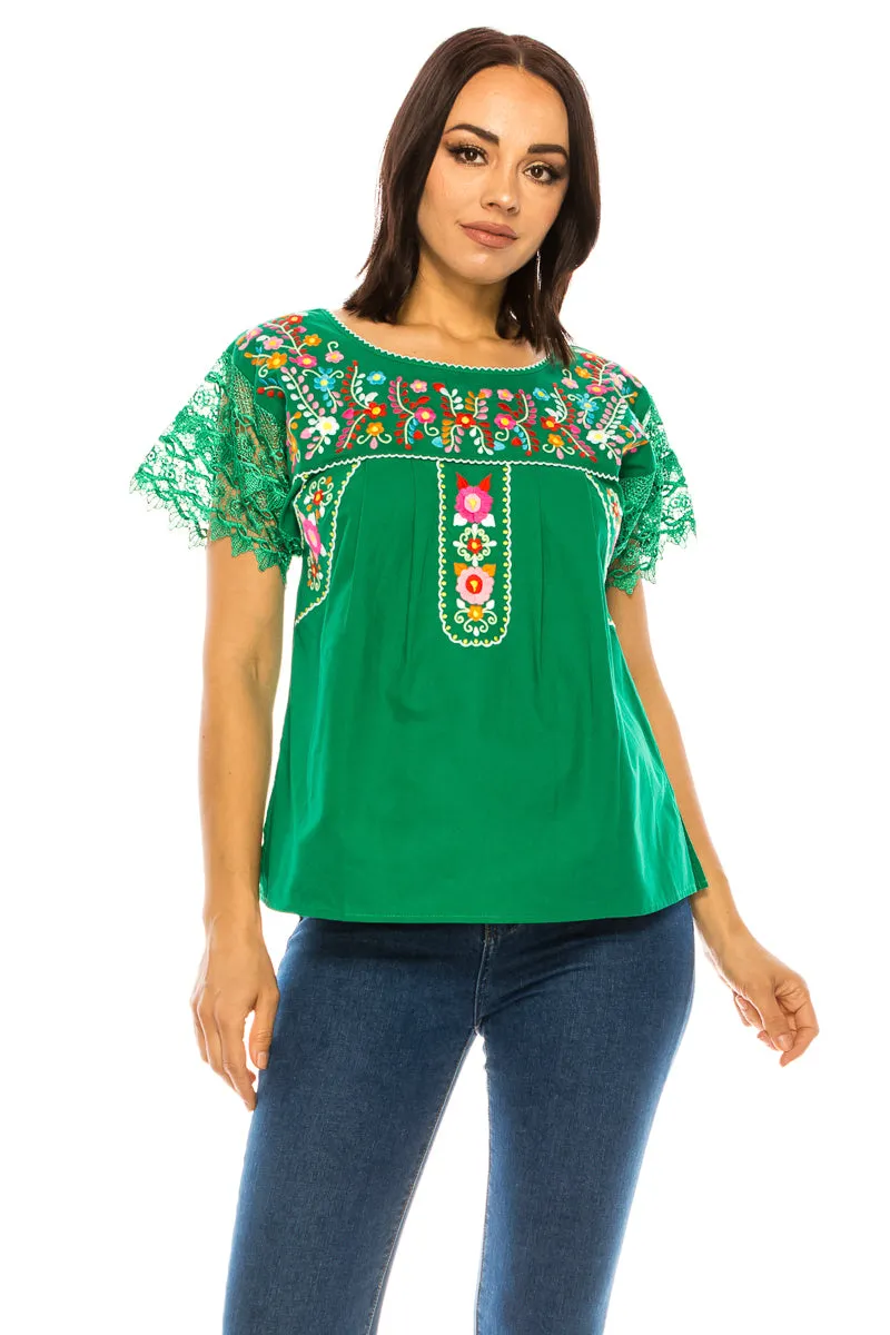 Traditional Mexican Women Blouse With Laced Sleeves  S-M-L-XL-2XL-3XL