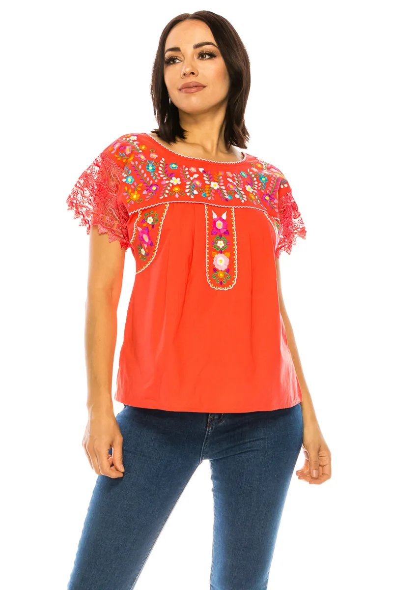 Traditional Mexican Women Blouse With Laced Sleeves  S-M-L-XL-2XL-3XL