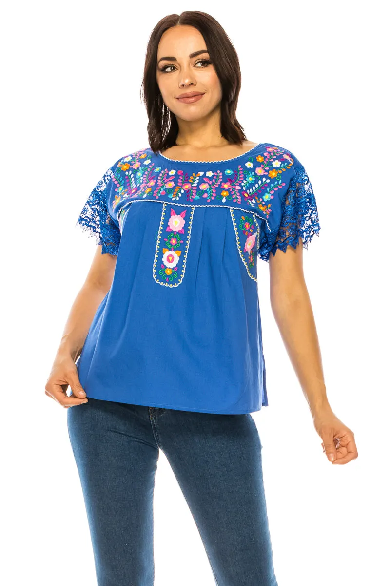 Traditional Mexican Women Blouse With Laced Sleeves  S-M-L-XL-2XL-3XL