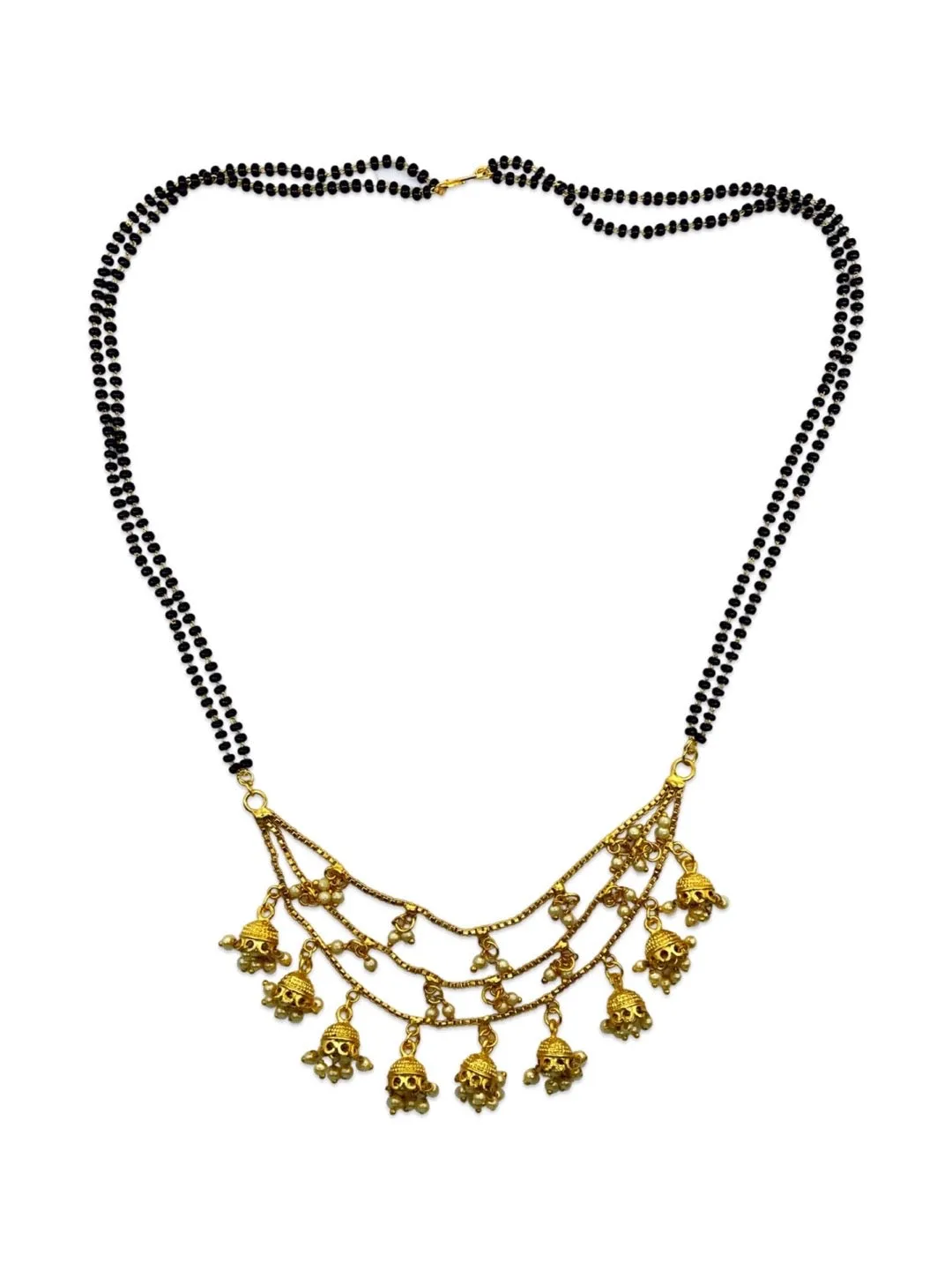 Trendy Long Mangalsutra Designs 3 Layered Jhumka Style Latkan With Simple Double Black Line Beads Chain