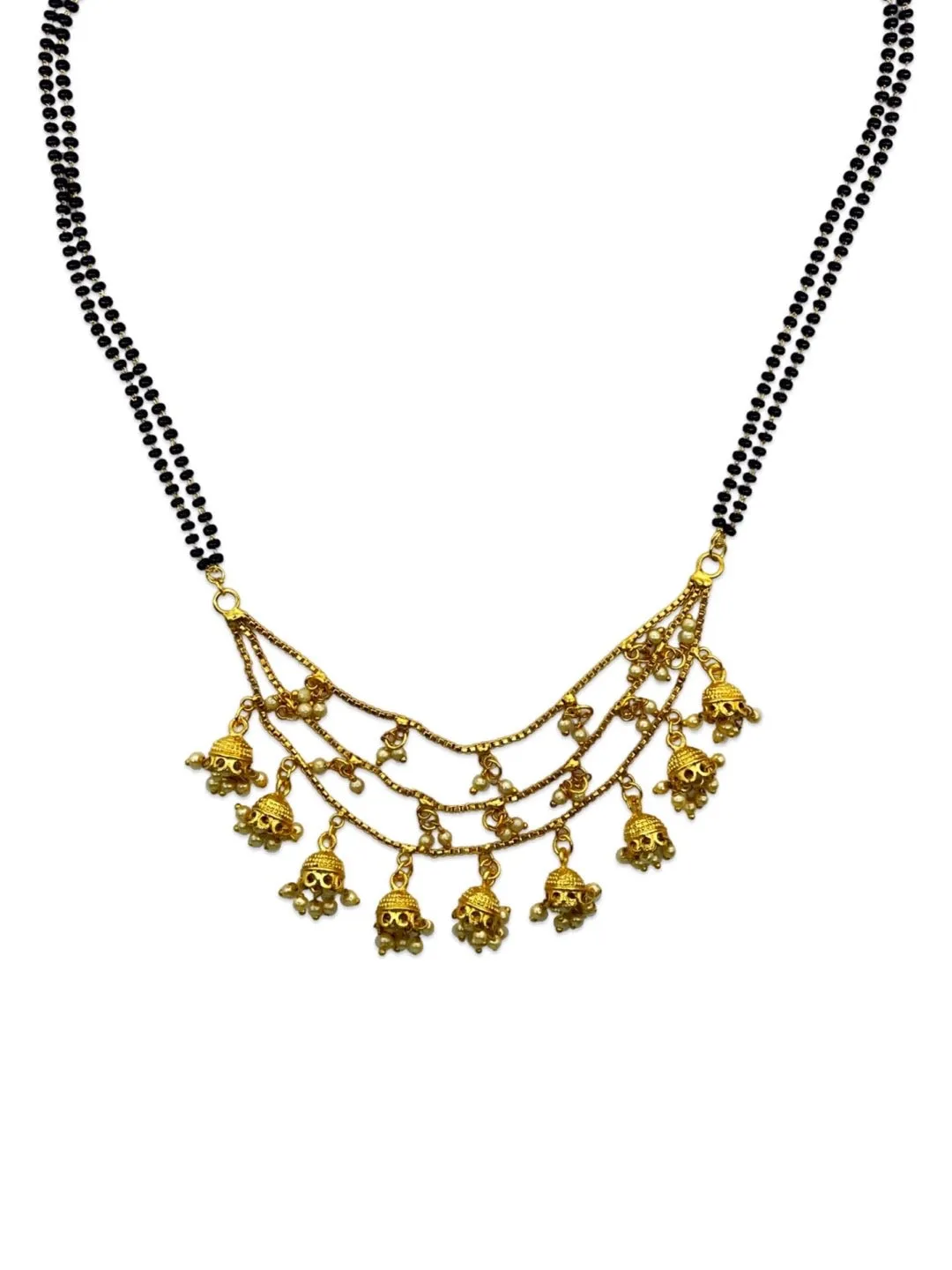 Trendy Long Mangalsutra Designs 3 Layered Jhumka Style Latkan With Simple Double Black Line Beads Chain