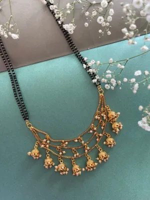 Trendy Long Mangalsutra Designs 3 Layered Jhumka Style Latkan With Simple Double Black Line Beads Chain