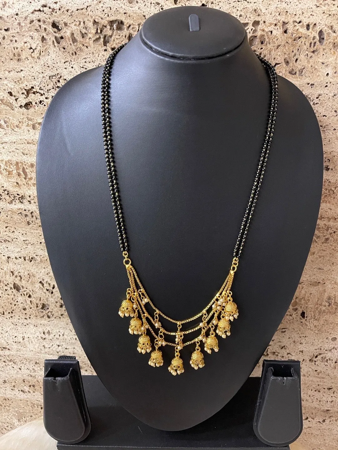 Trendy Long Mangalsutra Designs 3 Layered Jhumka Style Latkan With Simple Double Black Line Beads Chain