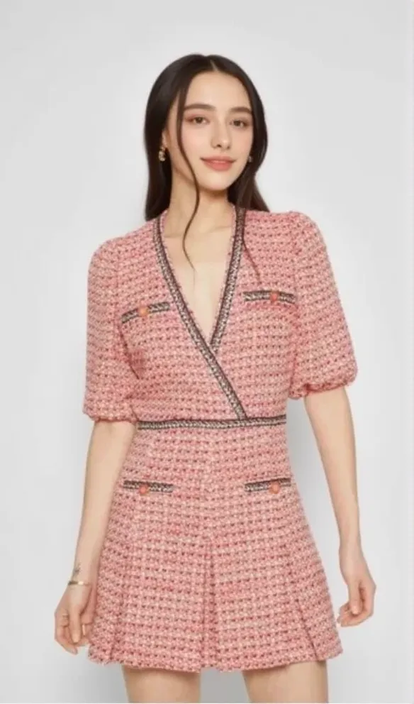 Tweed dress with ethnic trim in pink