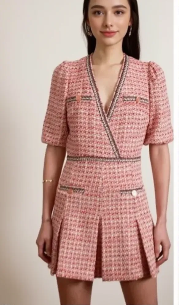 Tweed dress with ethnic trim in pink
