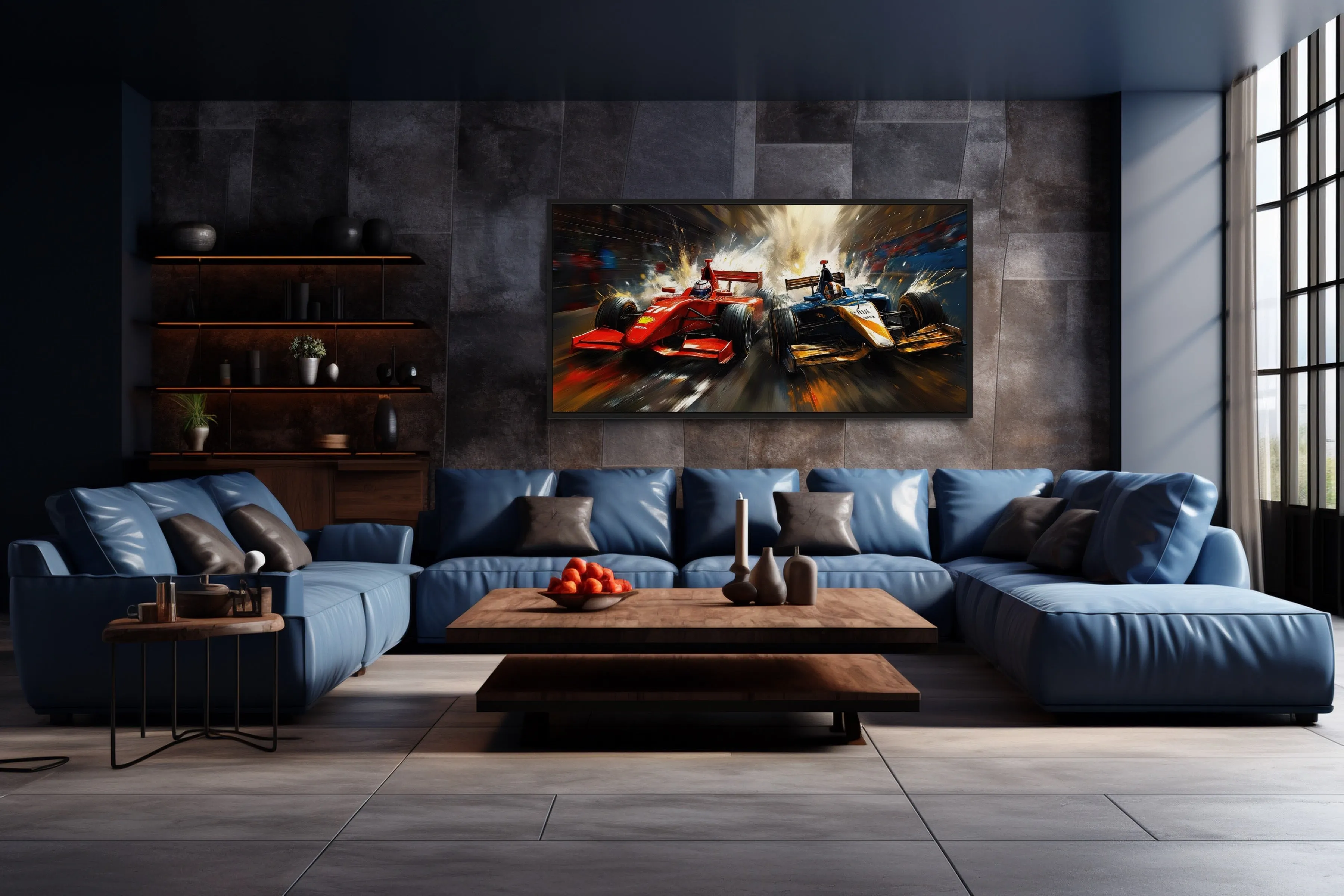 Two Race Cars On Race Track Graffiti Abstract Painting Framed Canvas Wall Art