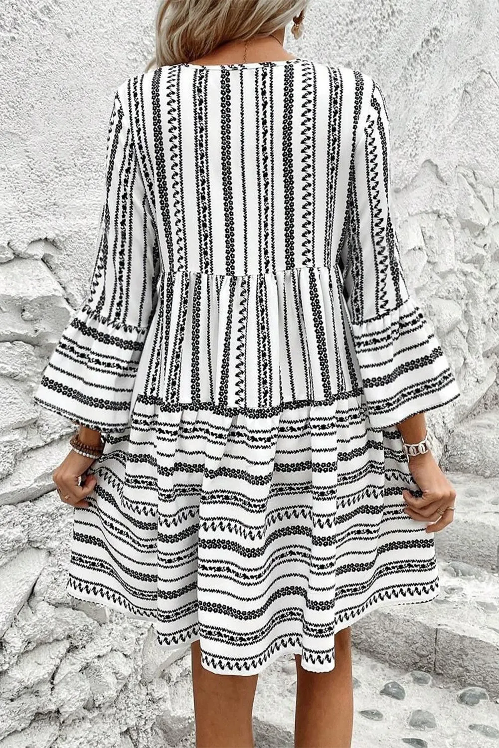 V Neck Mini Dress with Bell Sleeves and Striped Print